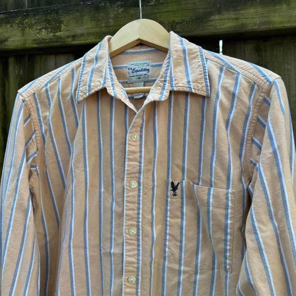 Vintage 90s U.S. Expedition Striped Button‎ Down Shirt Butter Yellow Blue Medium